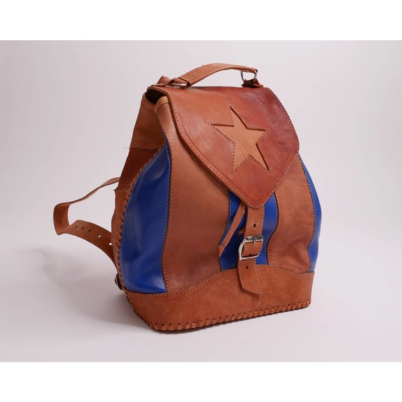 vintage leather backpack | Vintage Mexican patchwork camel tan leather  boho - Picture 9 of 9